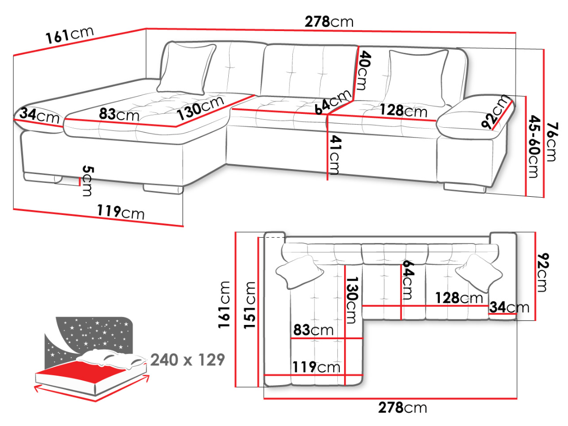 Ecksofa Madrid-Laviva XL mit Bettkasten und Schlaffunktion in Grau