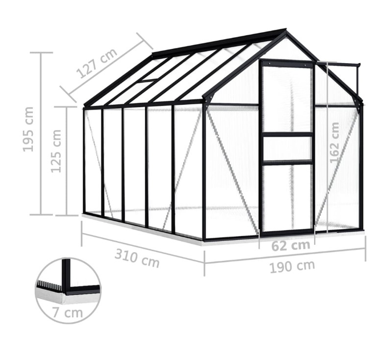 Gewächshaus Sunshine-Pro mit Fundament in Anthrazit aus Aluminium