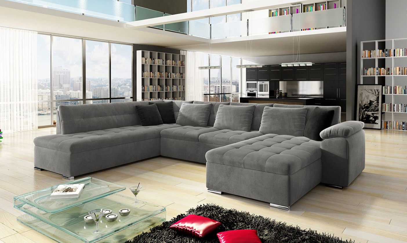 Wohnlandschaft Lina-Deluxe XL mit Bettkasten und Schlaffunktion in grauem LUX-Stoff
