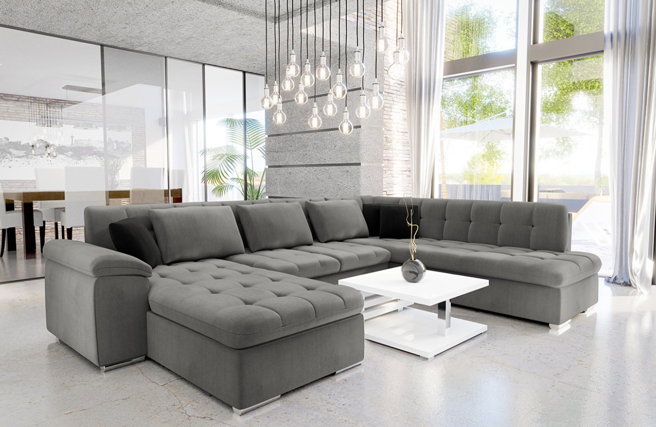 Wohnlandschaft Lina-Deluxe XL mit Bettkasten und Schlaffunktion in grauem LUX-Stoff