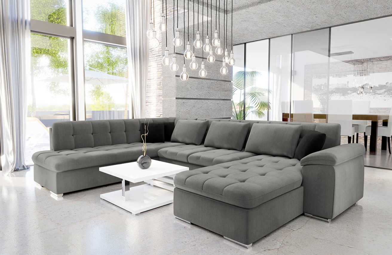 Wohnlandschaft Lina-Deluxe XL mit Bettkasten und Schlaffunktion in grauem LUX-Stoff