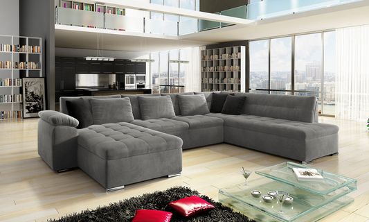 Wohnlandschaft Lina-Deluxe XL mit Bettkasten und Schlaffunktion in grauem LUX-Stoff