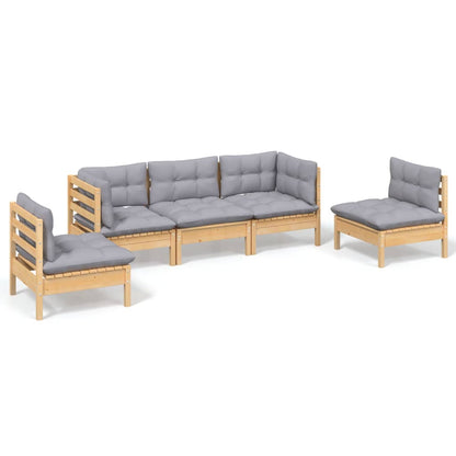 5-tlg. Garten-Lounge-Set mit Grauen Kissen Kiefer Massivholz