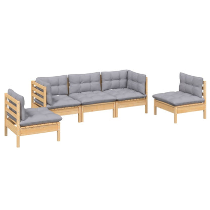 5-tlg. Garten-Lounge-Set mit Grauen Kissen Kiefer Massivholz